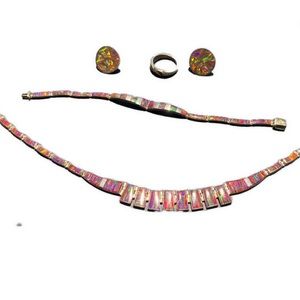 Red Fire opal set includes ring-earrings, bracelet, necklace signed Italian, 950